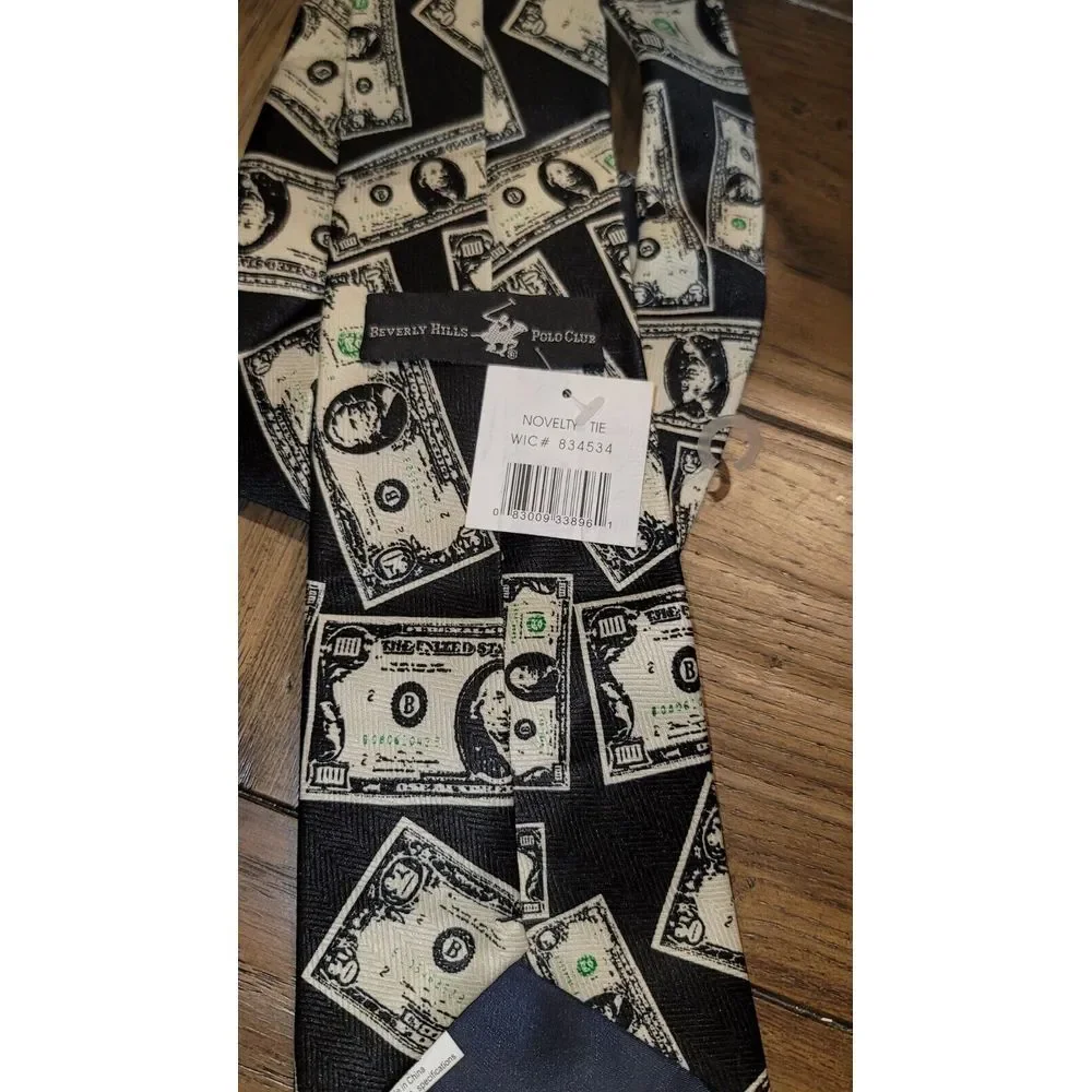 BEVERLY HILLS POLO CLUB Men's Novelty Neck Tie Money Dollar Bills 100% Polyester